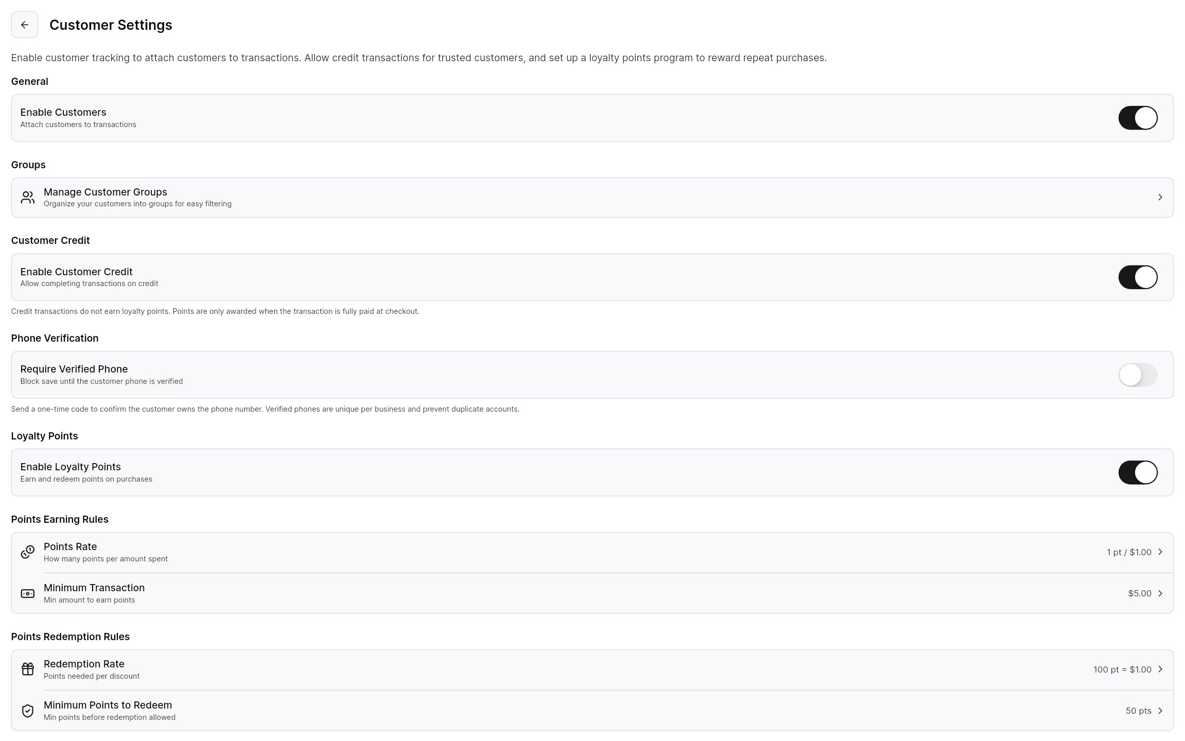 Customer settings for credit, phone verification, and loyalty rules.