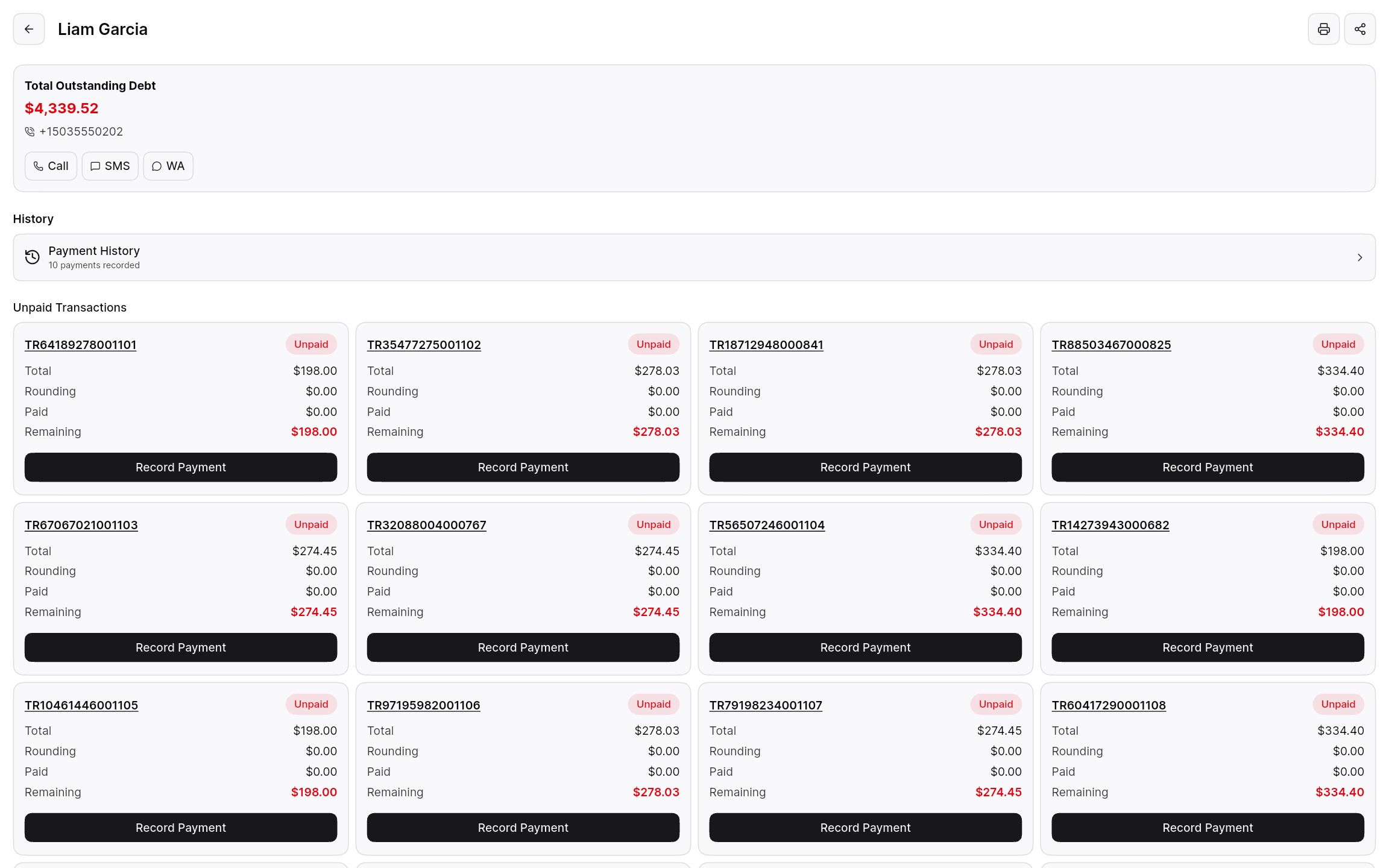 Customer debt screen listing unpaid transactions with Record Payment actions.
