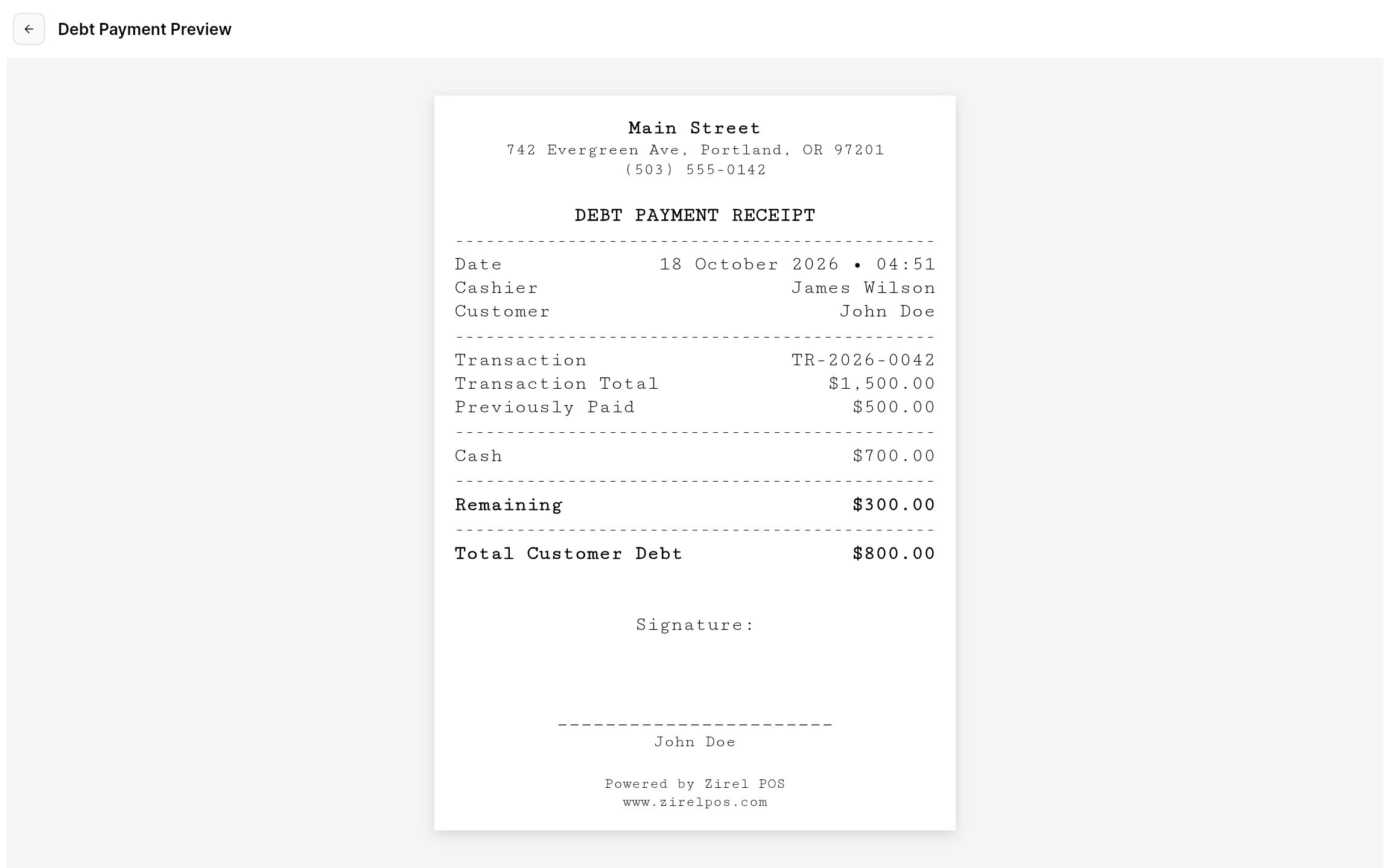Debt payment receipt preview with the remaining balance and a signature line.