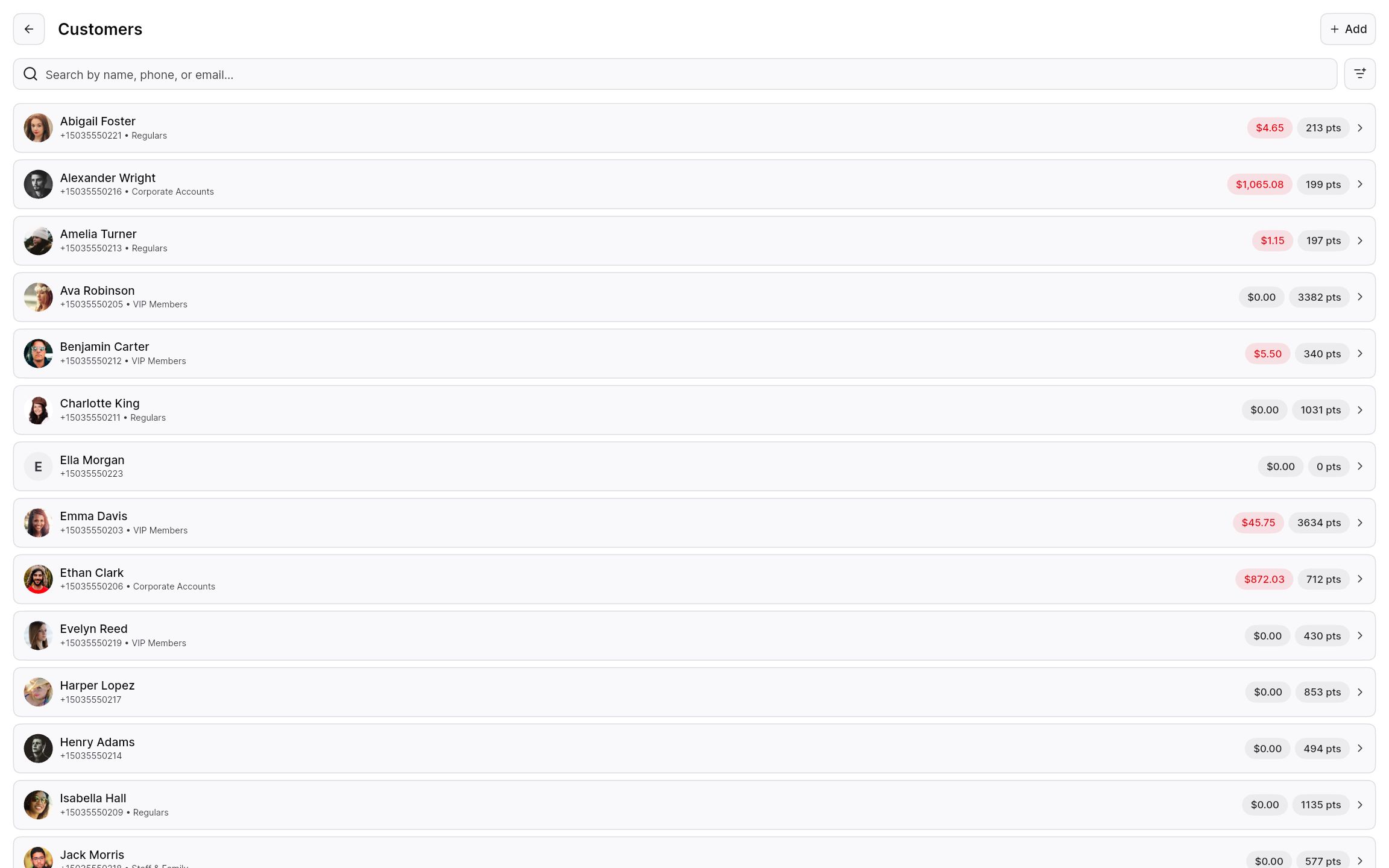 Customer list with groups, outstanding debts, and loyalty points.