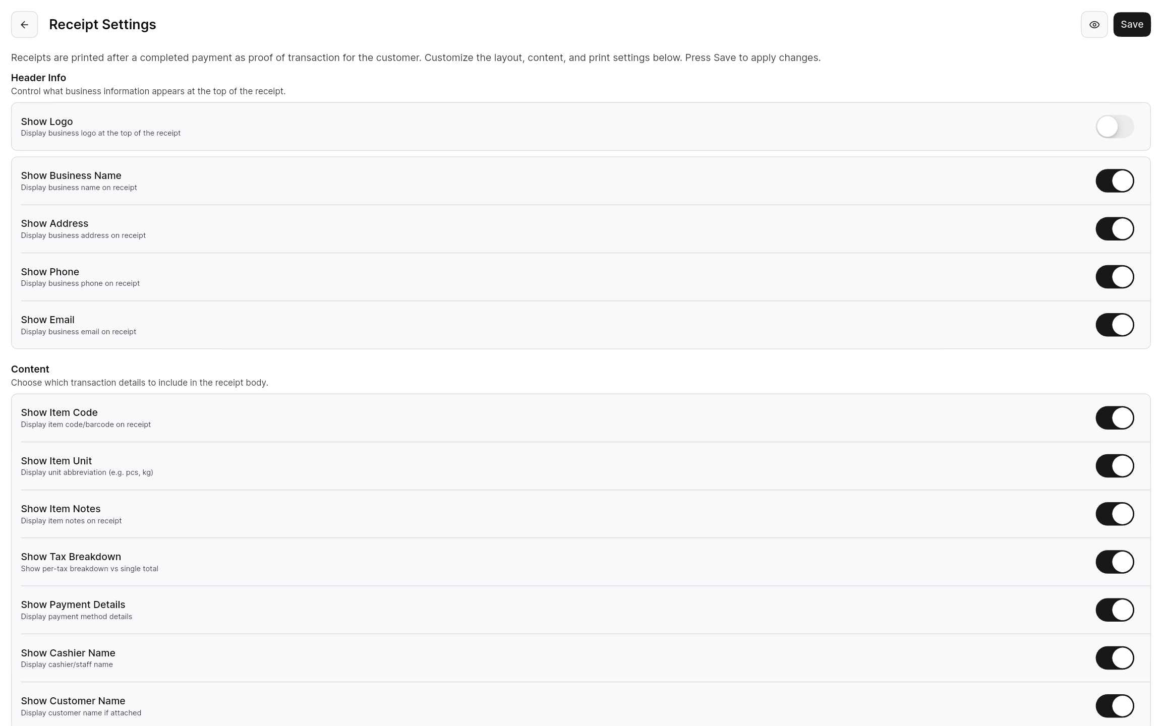 Tablet More screen with rows of toggles for Checkout, Orders, Discounts, Split Payment, and Transaction Settings.