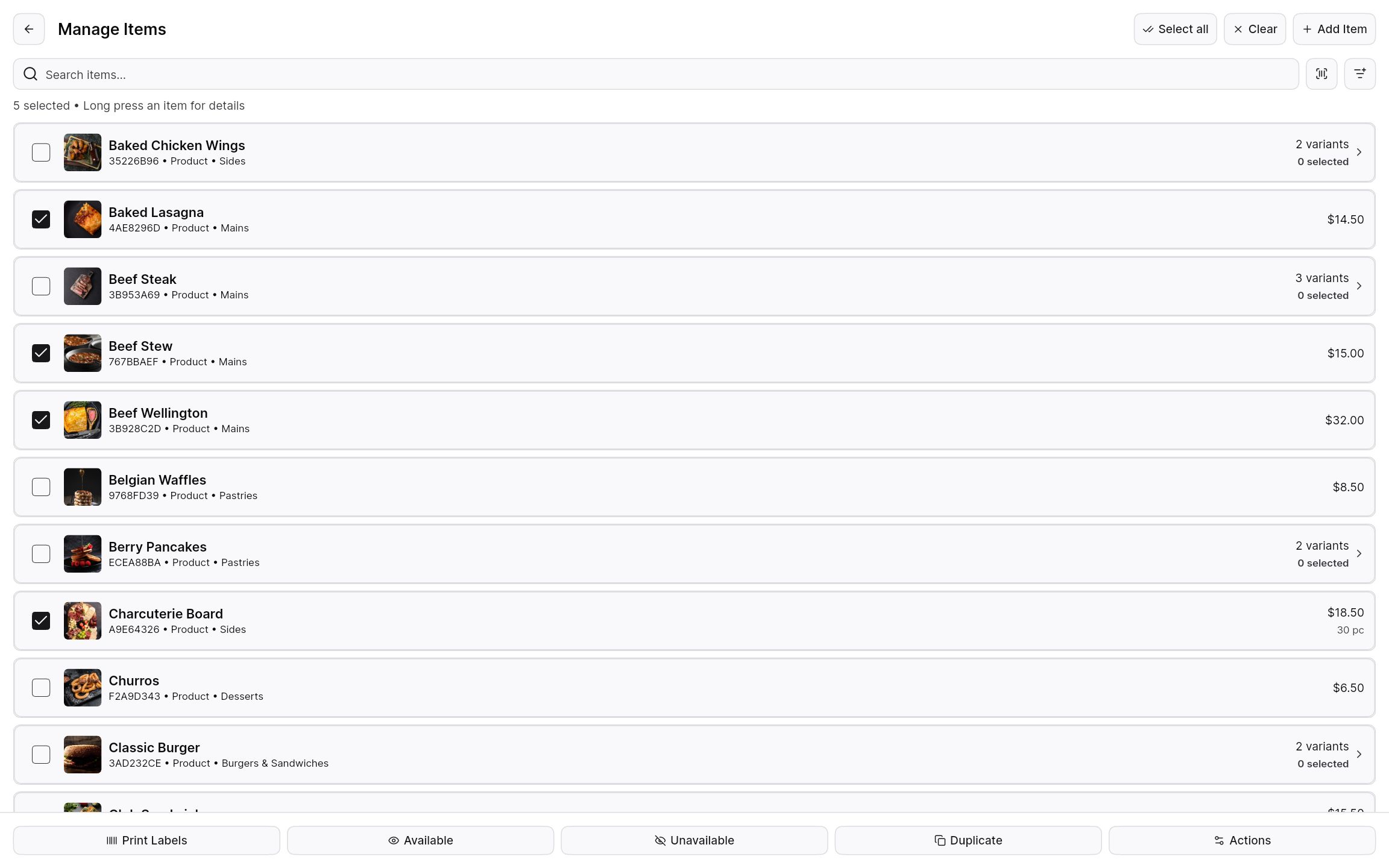 Manage items list with several items selected for bulk actions.