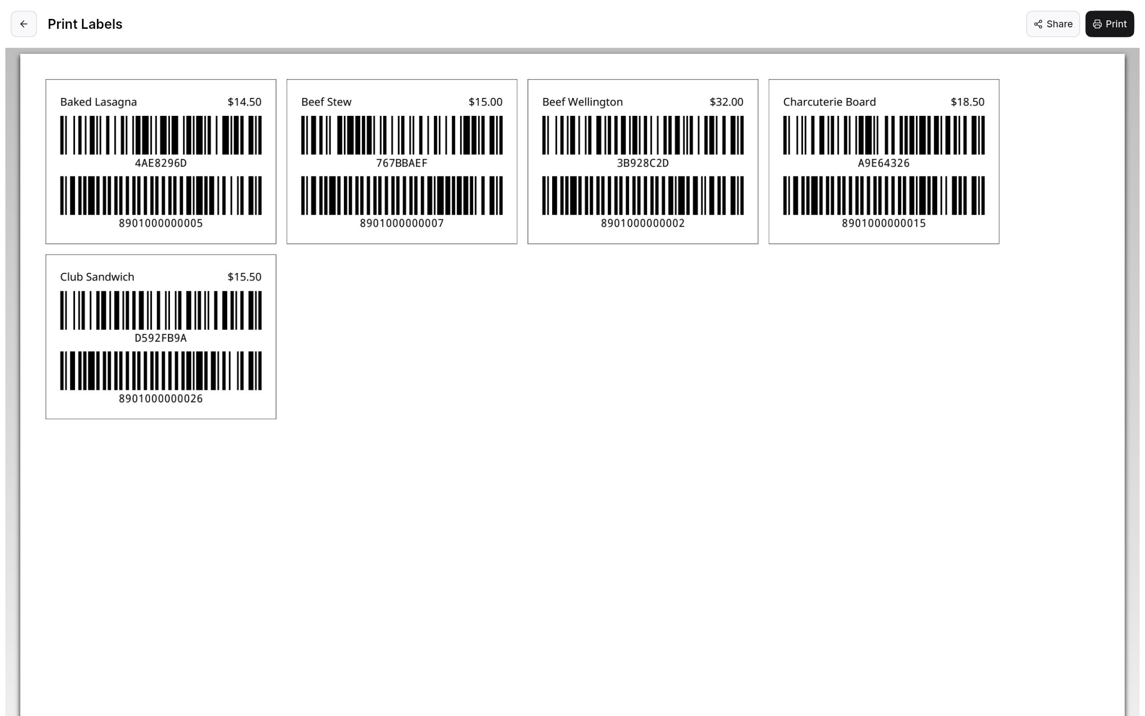 Barcode label sheet ready to print for the selected items.