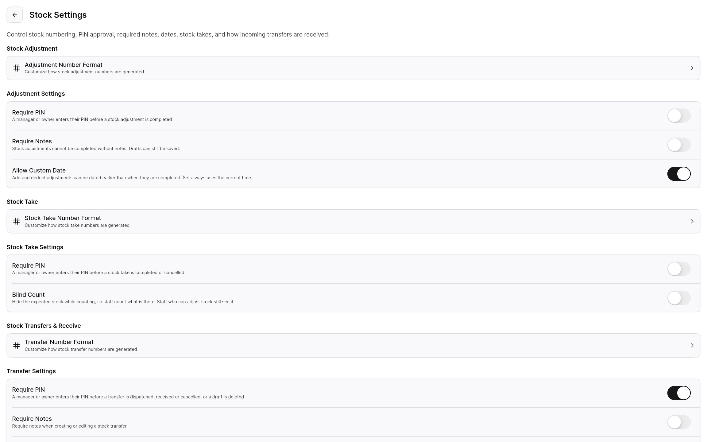 Stock settings requiring a manager PIN, notes, and custom dates for stock actions.