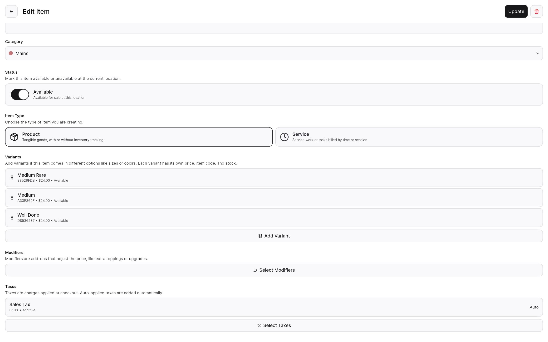 Item editor with product or service type, variants, modifiers, and taxes.