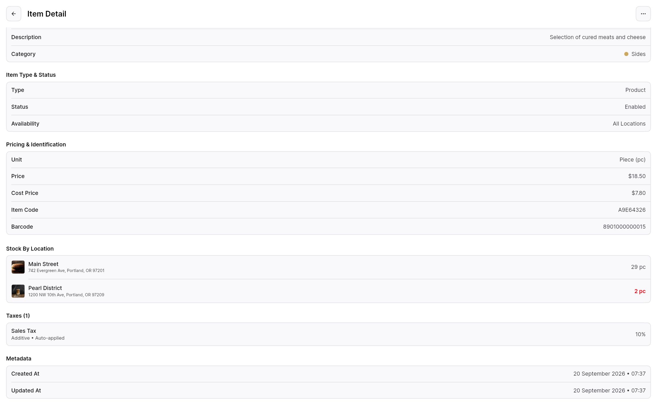 Item detail in Dashboard mode listing the stock on hand at each location.