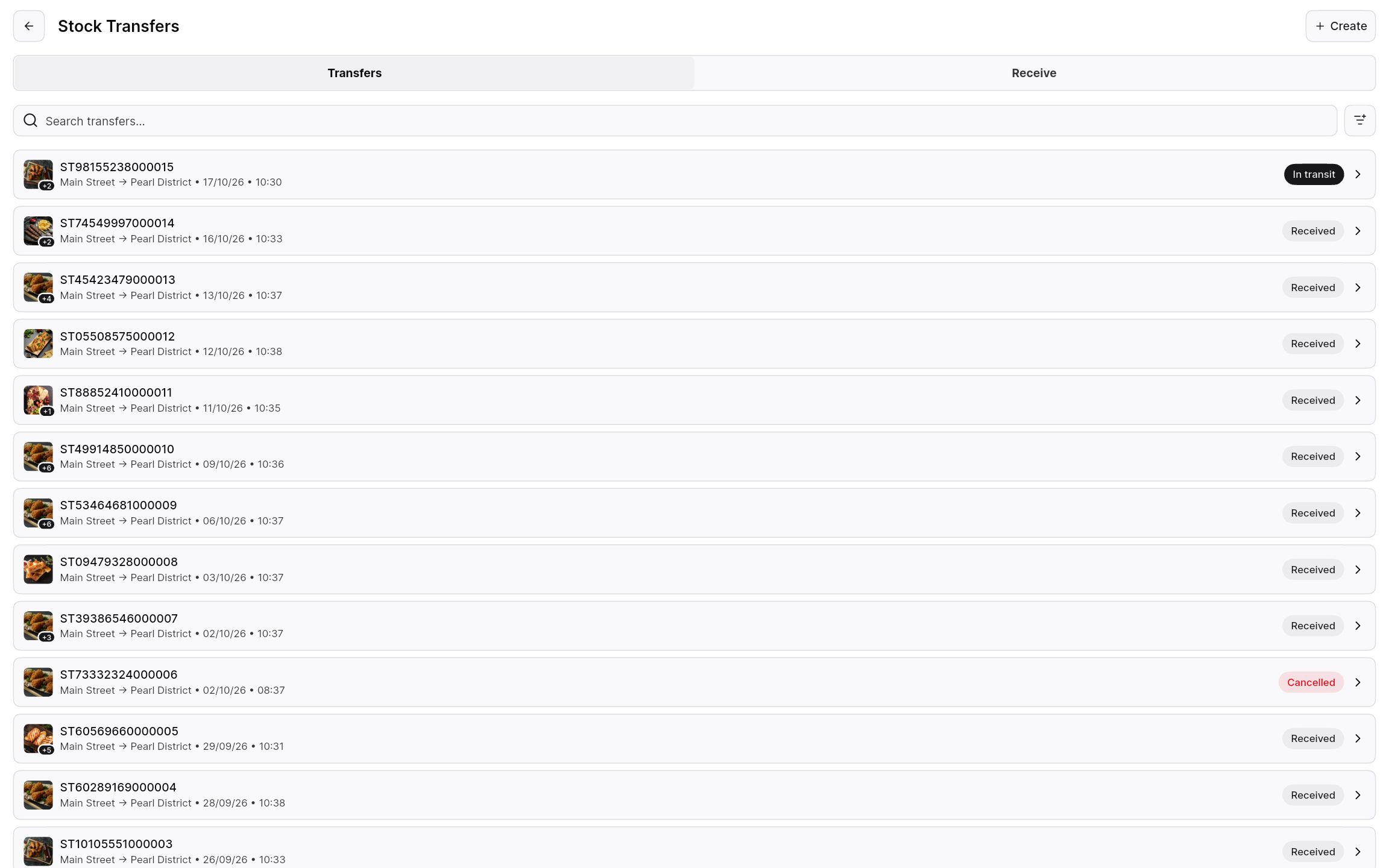 Stock transfers between locations with in-transit, received, and cancelled statuses.