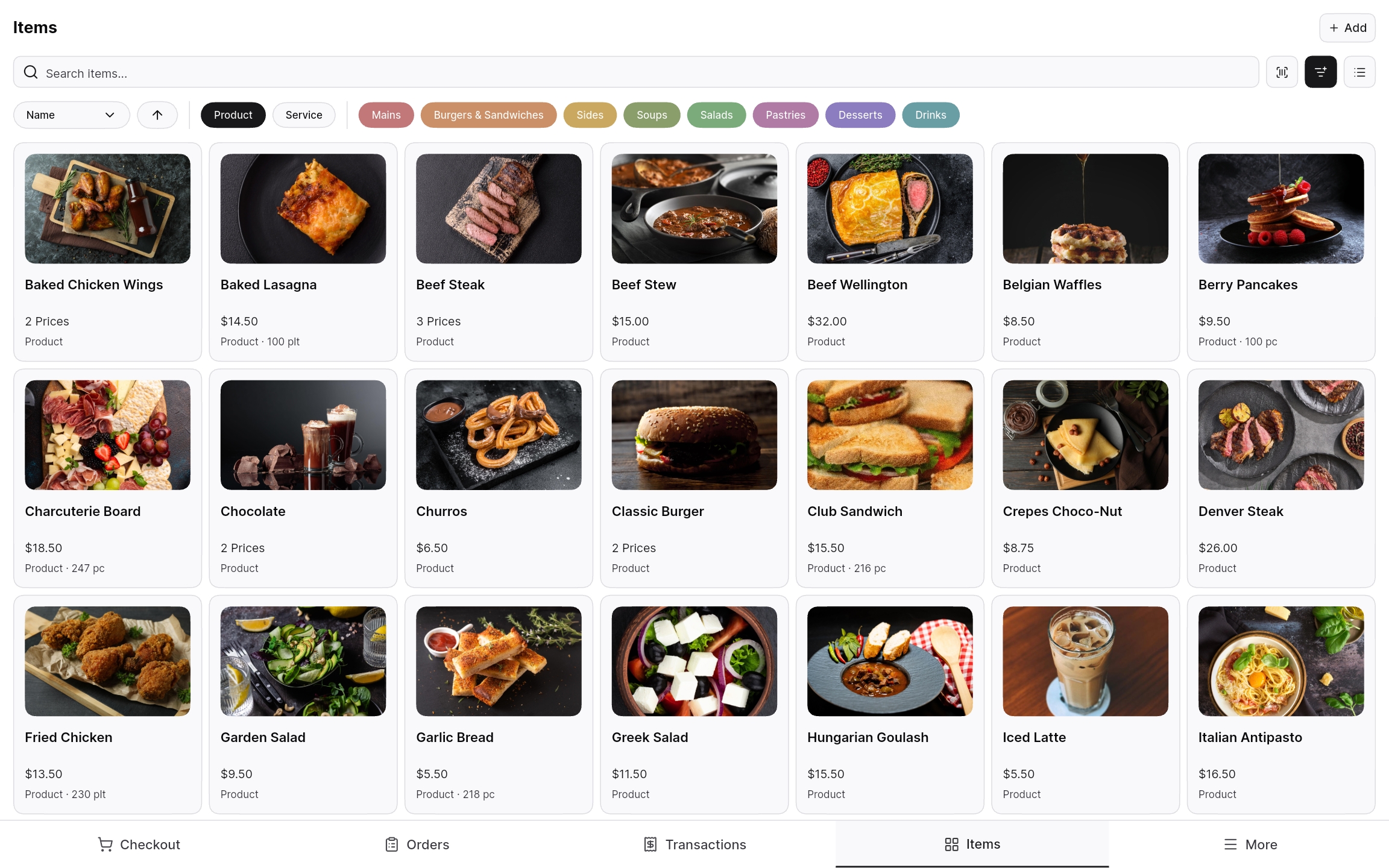 Tablet screen of the Items list with categories, stock badges, and a filter bar.
