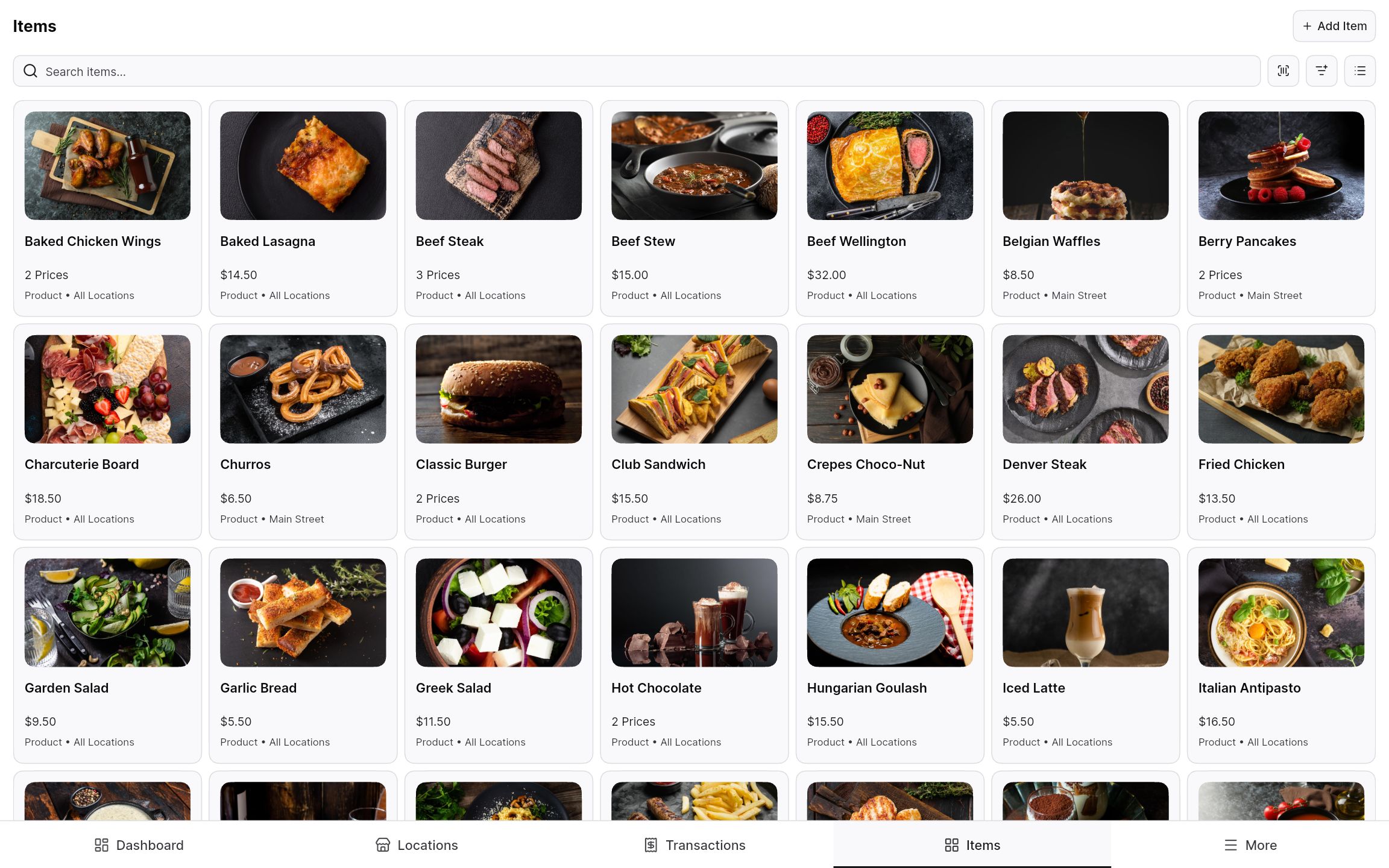 Shared item catalog showing which locations sell each item.