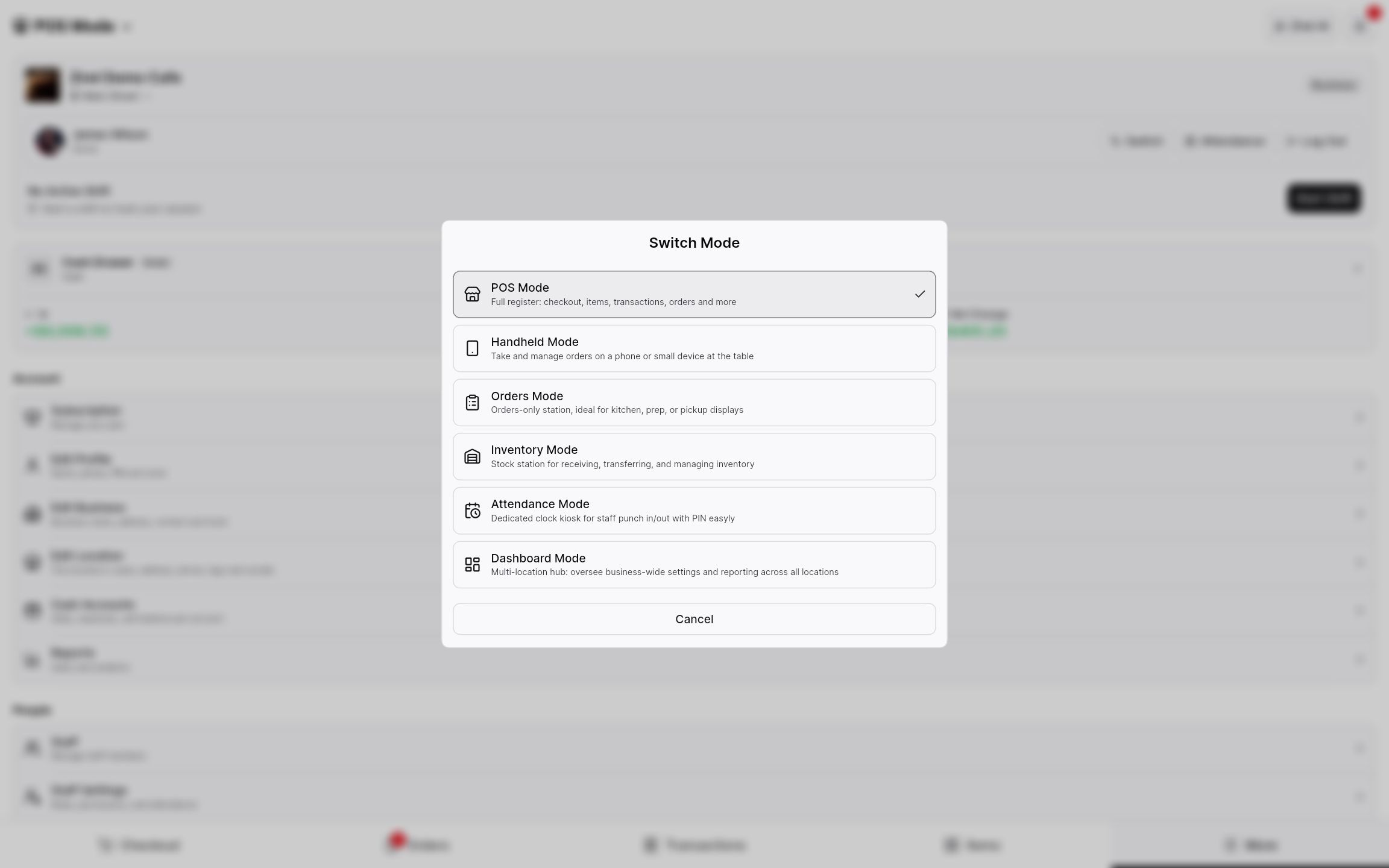 App mode picker with POS, Handheld, Orders, Inventory, Attendance, and Dashboard modes.