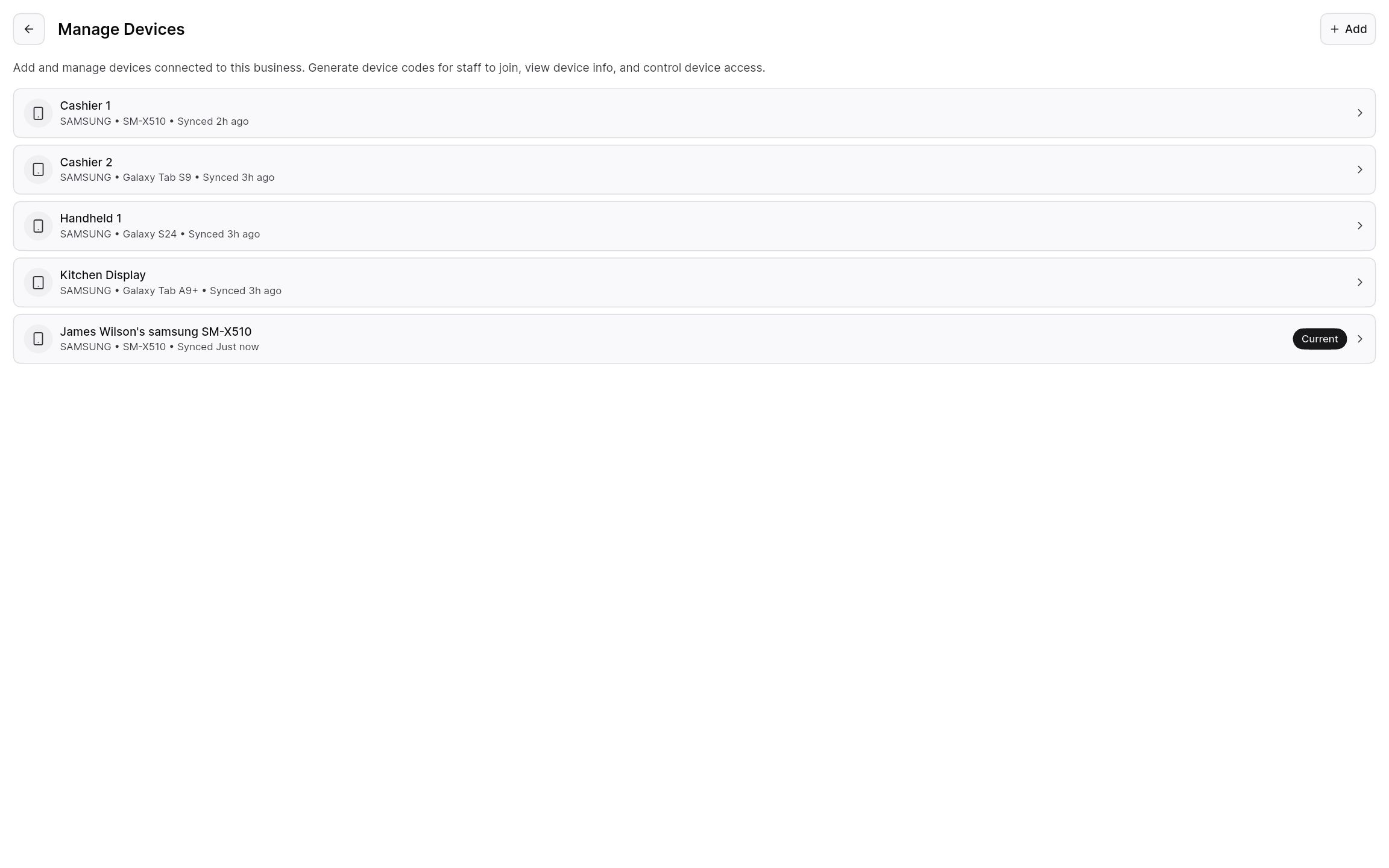 Devices list showing when each device last synced to the cloud.