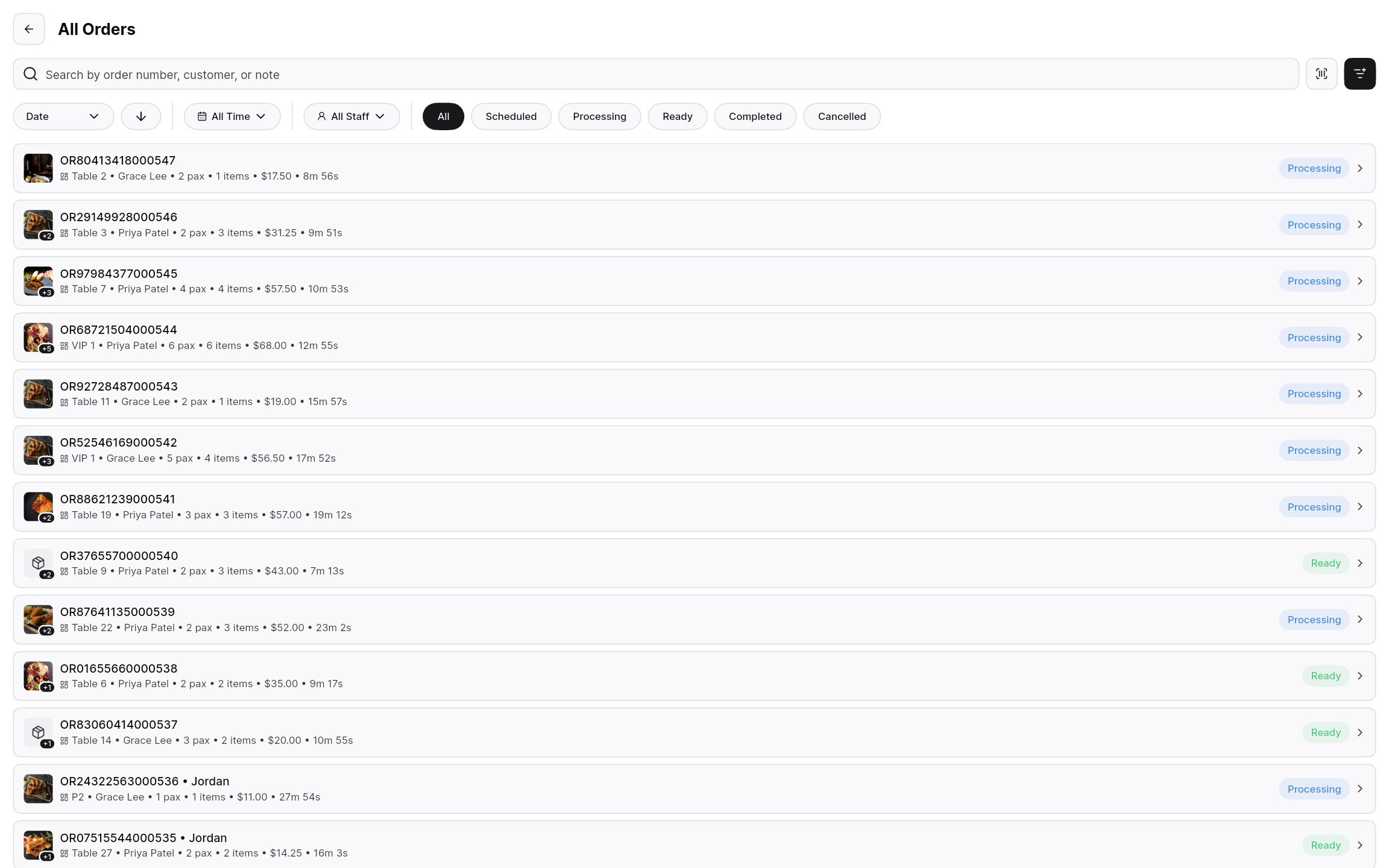 All orders list with status, date, and staff filters.