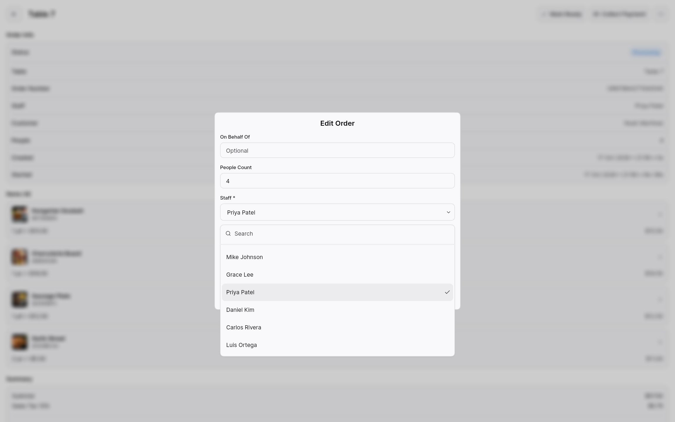 Edit order dialog choosing the staff member assigned to the order.
