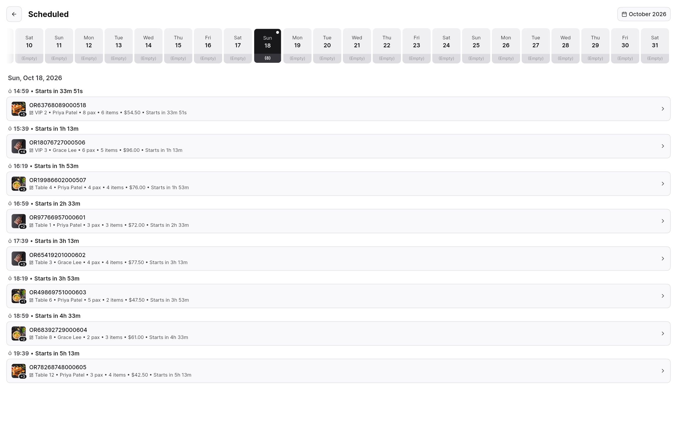 Scheduled orders calendar with several bookings listed by time on the selected day.