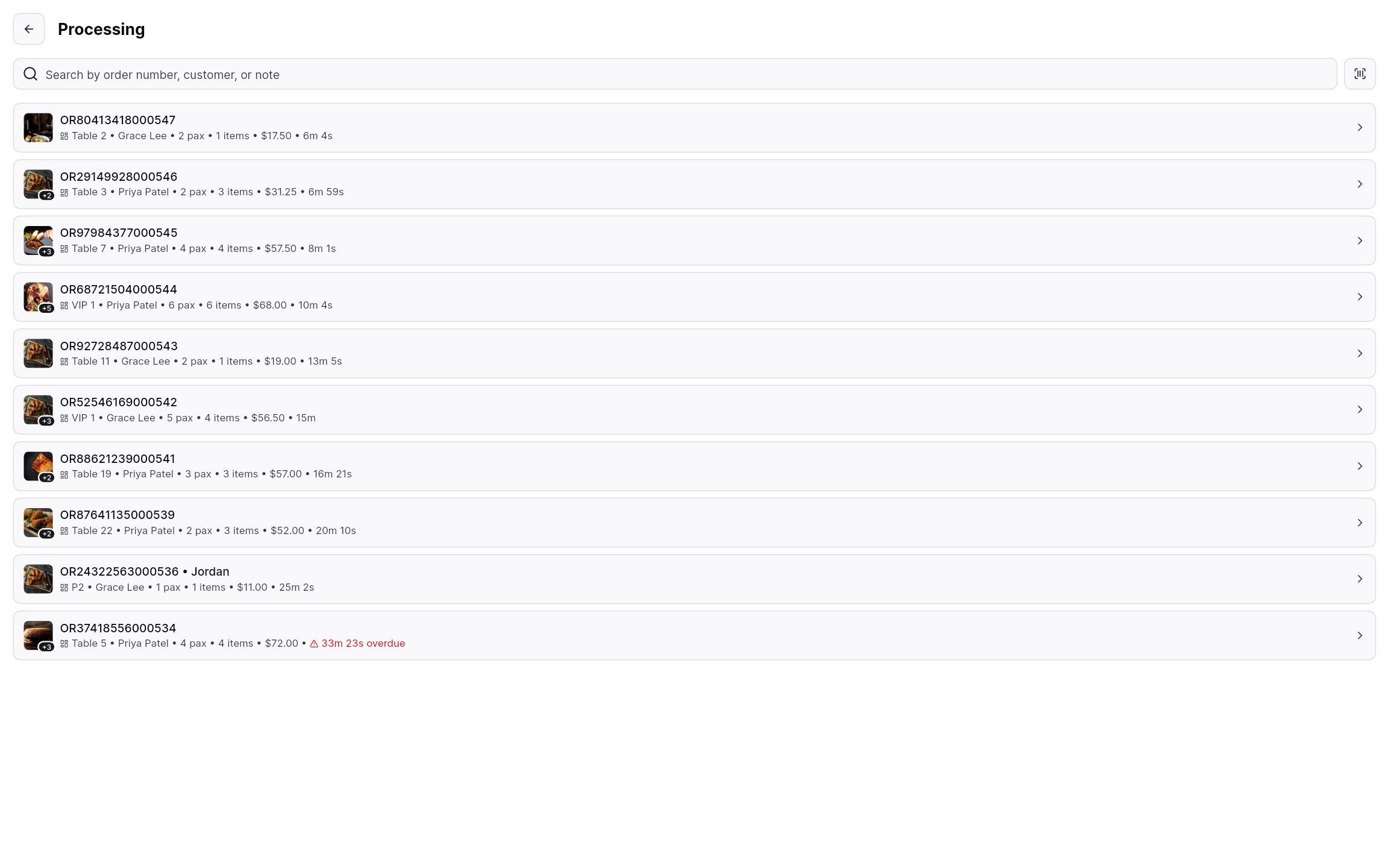 Processing orders list with elapsed timers and an overdue alert.