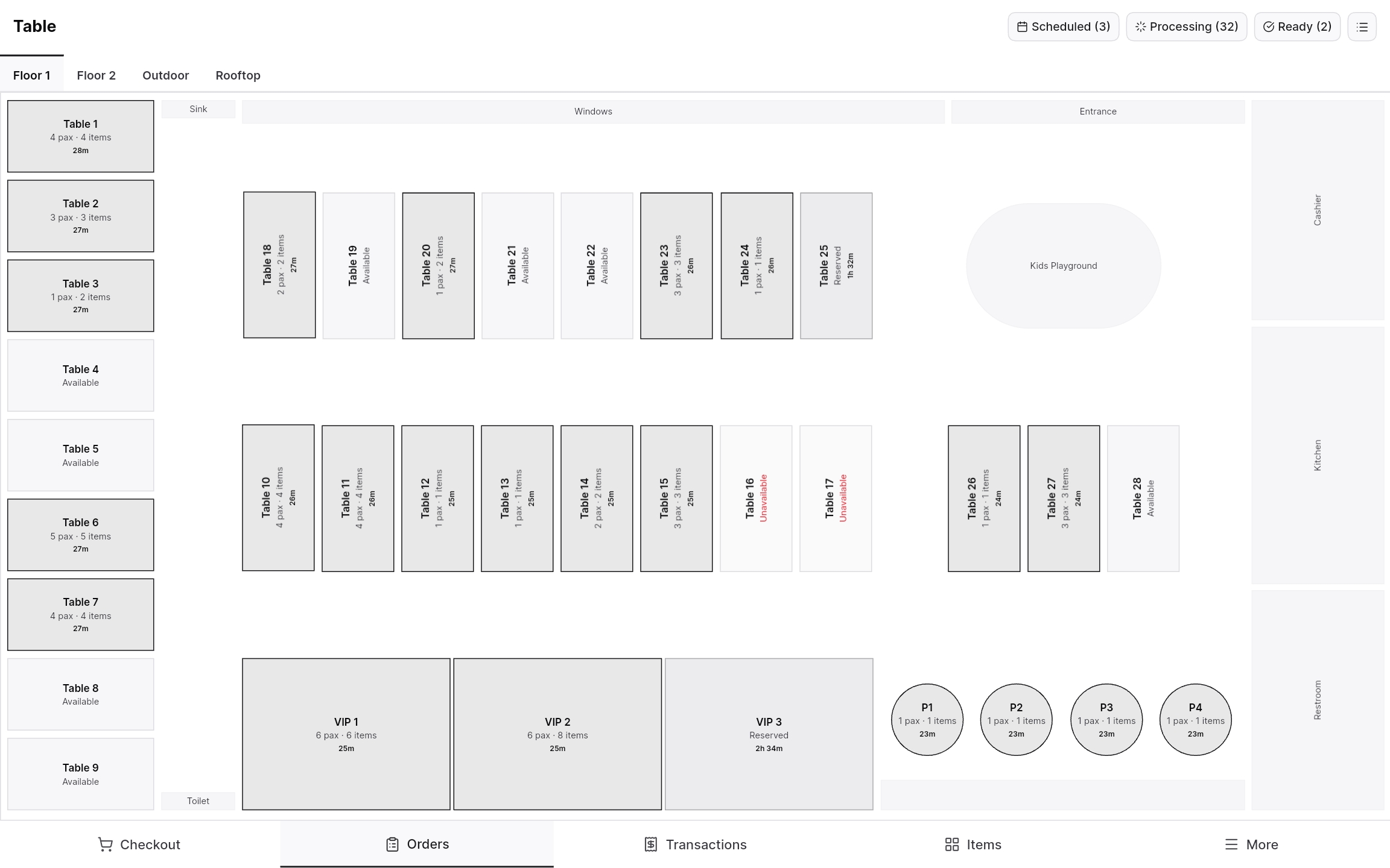 Tablet orders screen with a grid of order points, each with status badges.