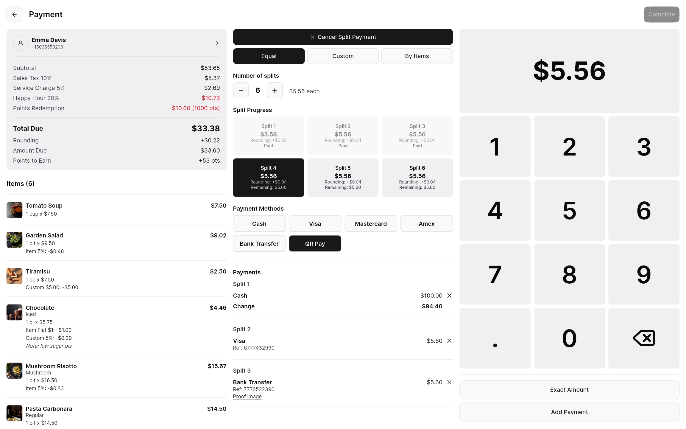 Tablet payment screen with split-payment rows, a cash rounding hint, and a customer credit toggle.