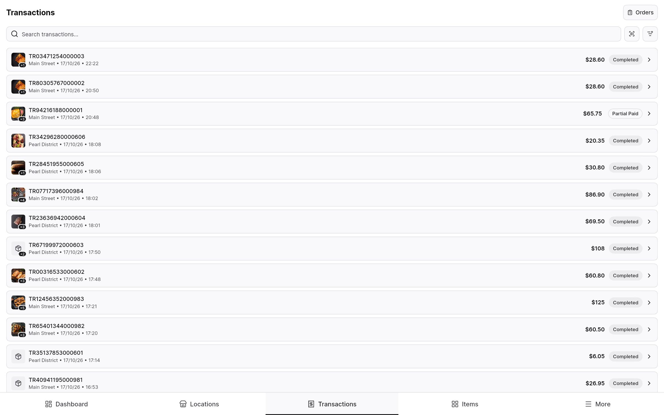 Transactions from all locations in one list on the Dashboard.
