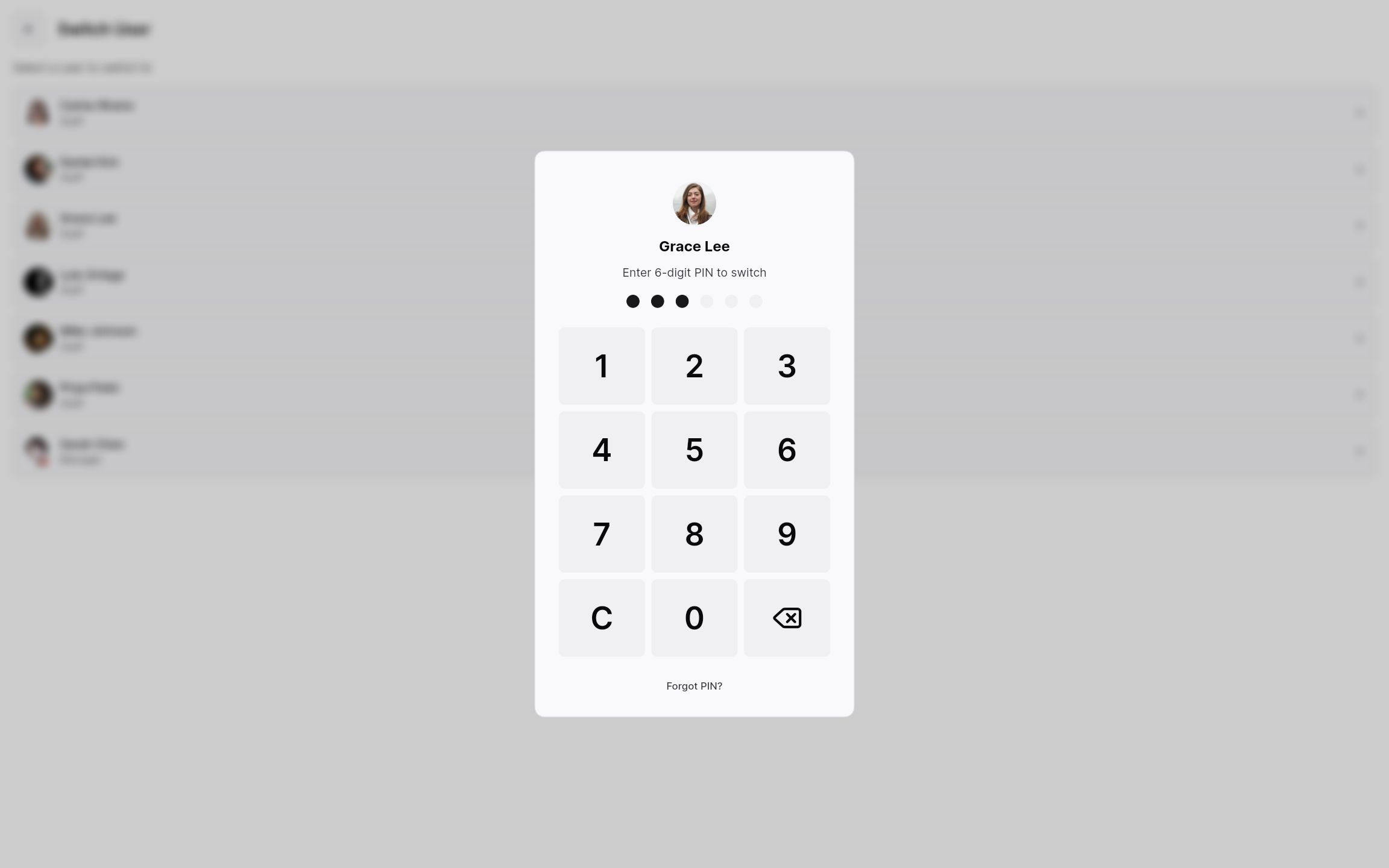PIN pad for switching to another staff member on a shared device.