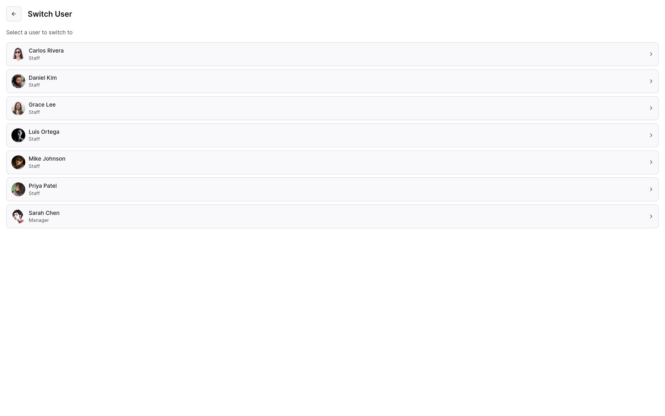Switch user list showing the staff members on a shared tablet.