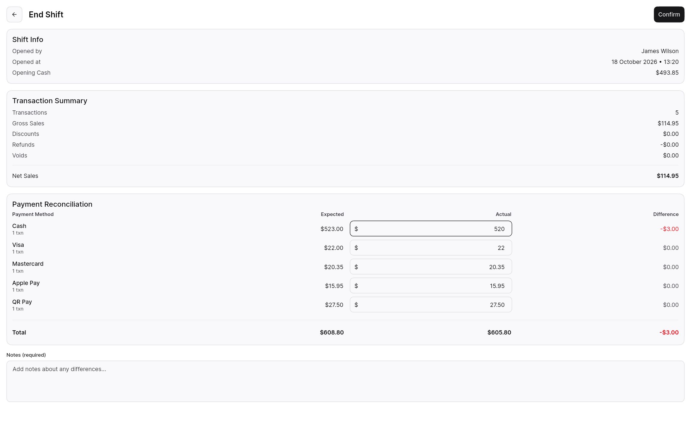 End shift screen comparing expected and actual amounts for each payment method, with the difference.