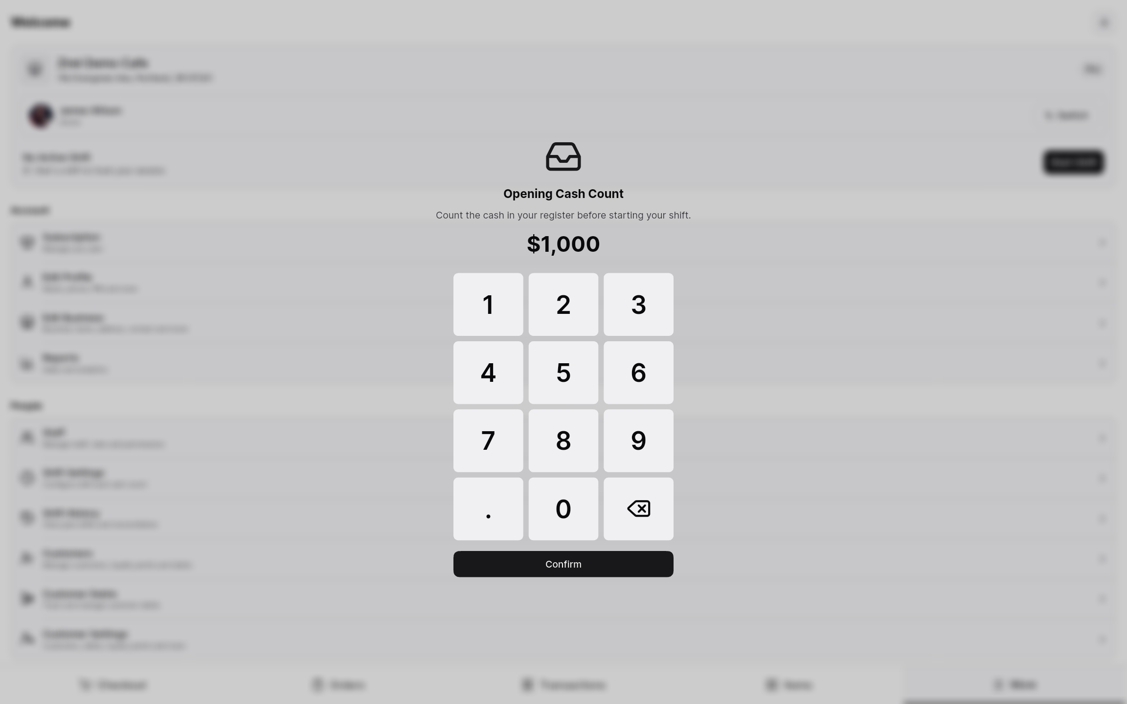 Tablet shift summary with cash counts and a list of staff actions.
