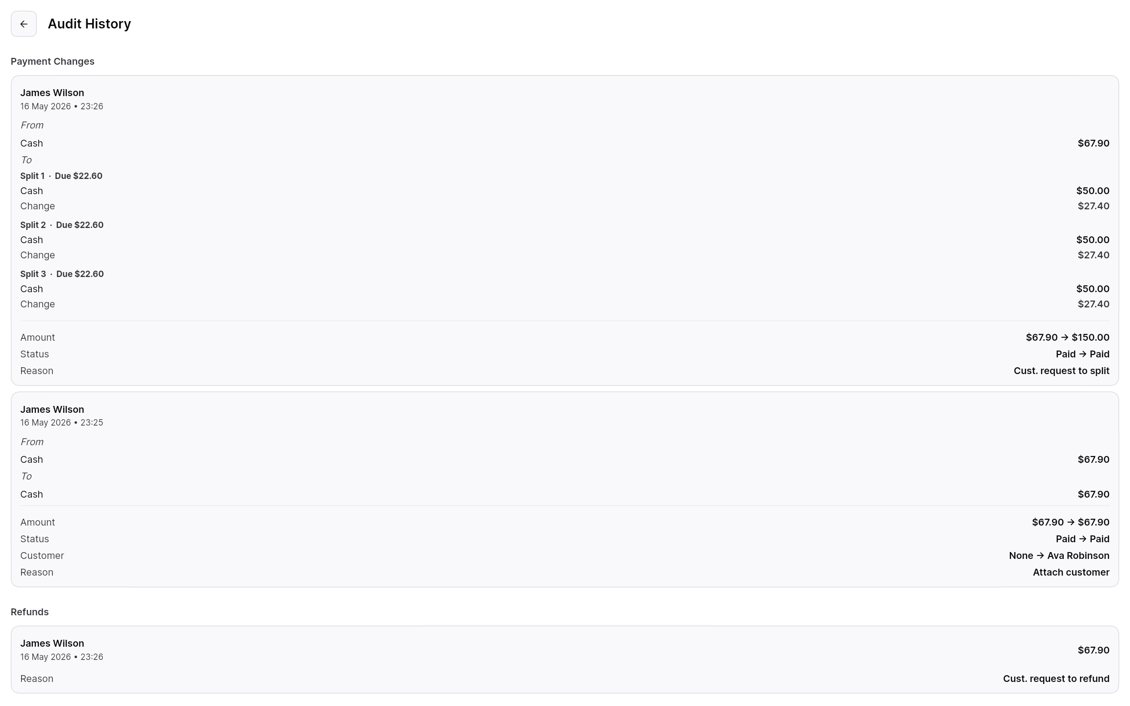 Tablet transactions list with status filters and an open transaction showing the audit history panel.