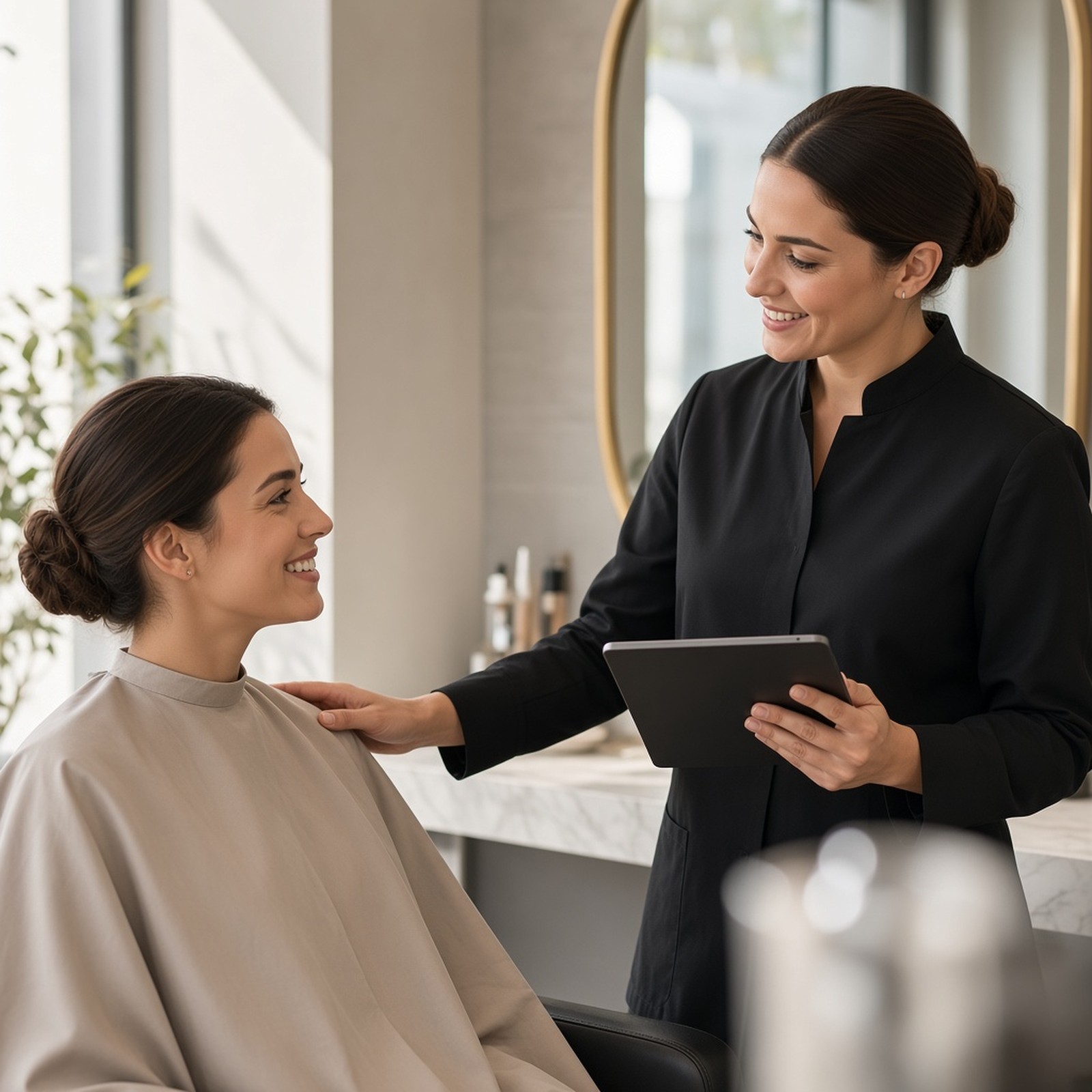 A stylist holding a tablet while smiling with a client in a salon.