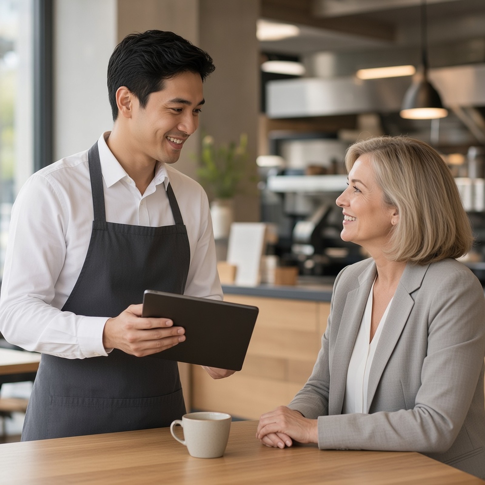 A server holding a tablet while speaking with a guest in a cafe.