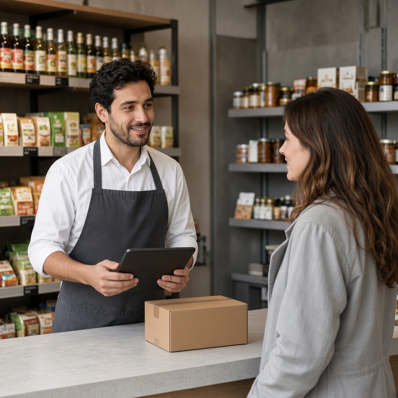 A shopkeeper holding a tablet while smiling with a customer at a minimarket counter.