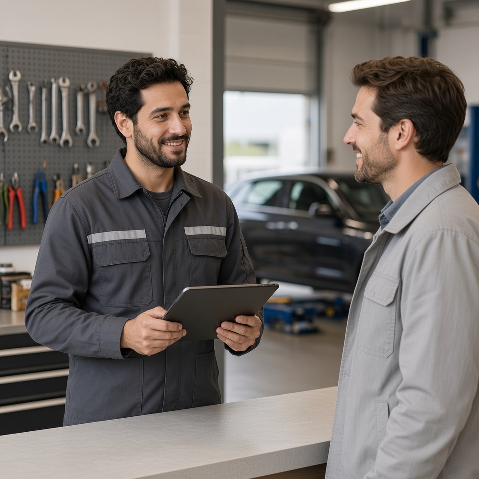 A technician holding a tablet while speaking with a customer in a workshop.